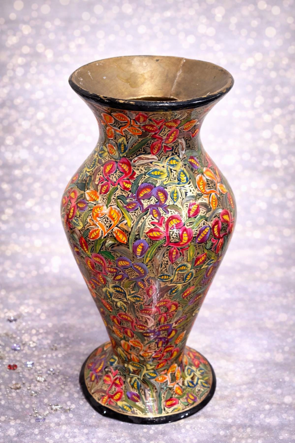 Hand Painted Brass Vase, Antique flower Vase, Paper Mache Flower Vase, Boho flower vase